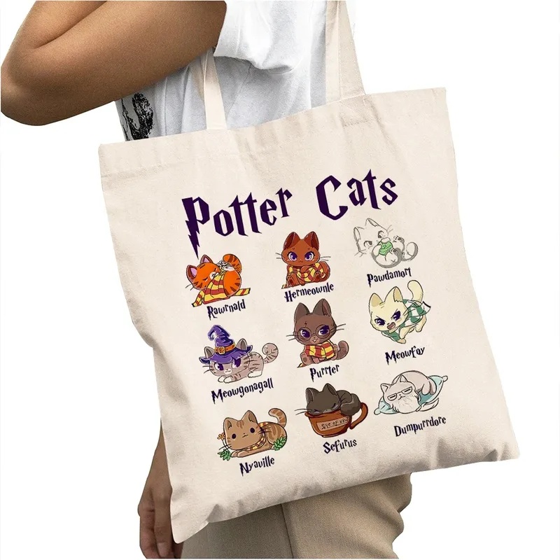 Tote Bag Canvas Print - Casual Cartoon Potter Cats Women Shopping
