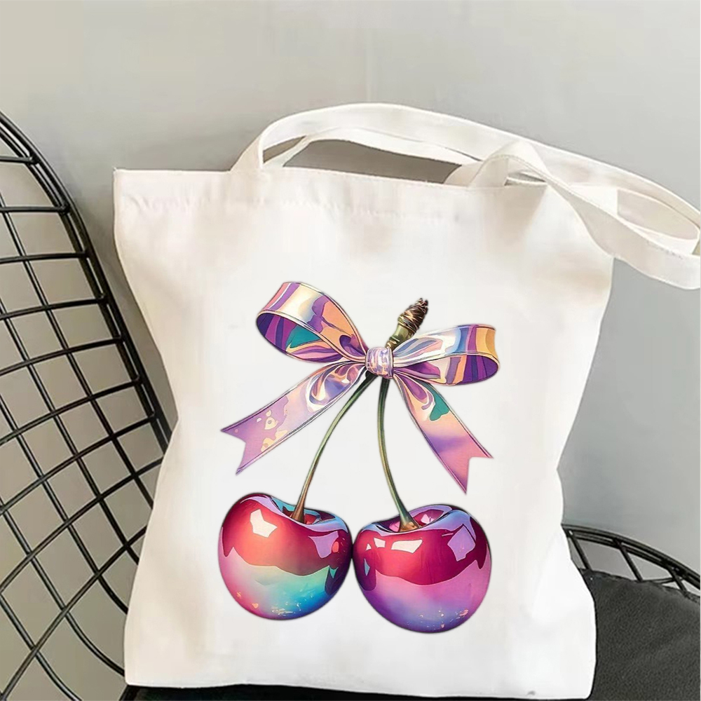 Tote Bag Canvas Print - Vintage Pink Bow Cherry Art Canvas