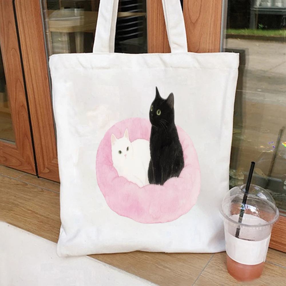 Watercolor Black Cat with Pink - đánh giá và giá Tote Bag Canvas Print