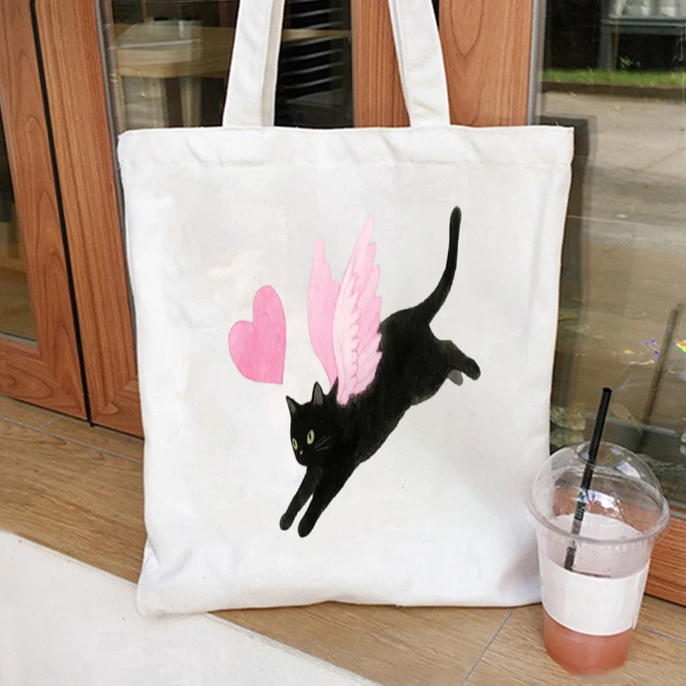 Watercolor Black Cat with Pink - đánh giá và giá Tote Bag Canvas Print